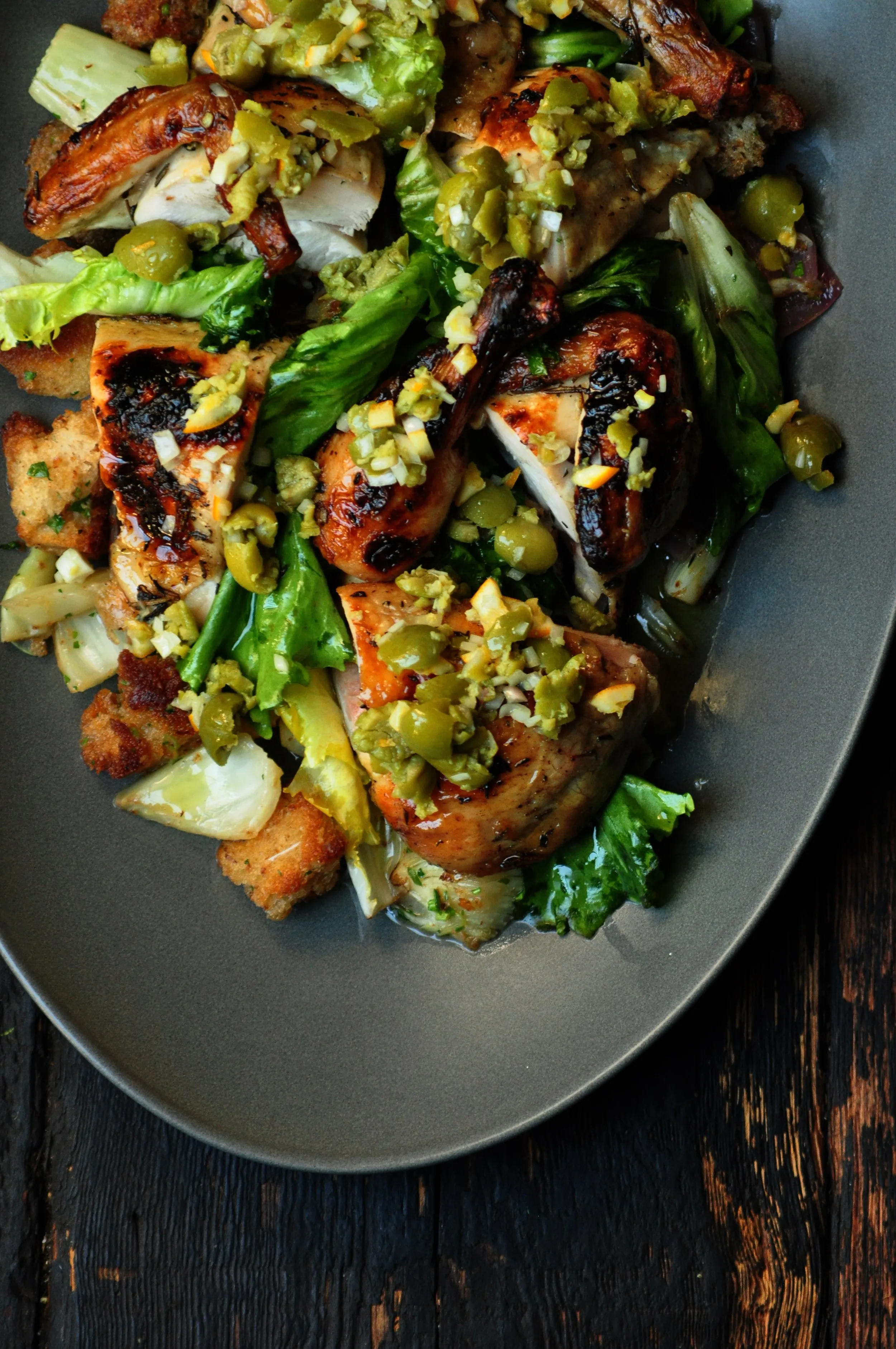 Roasted chicken "ode to zuni", panzanella, fennel & green olives