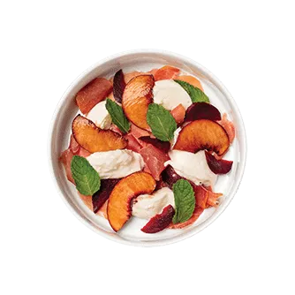 Caramelized Peaches, Mint & Prosciutto Burrata Salad Bowl