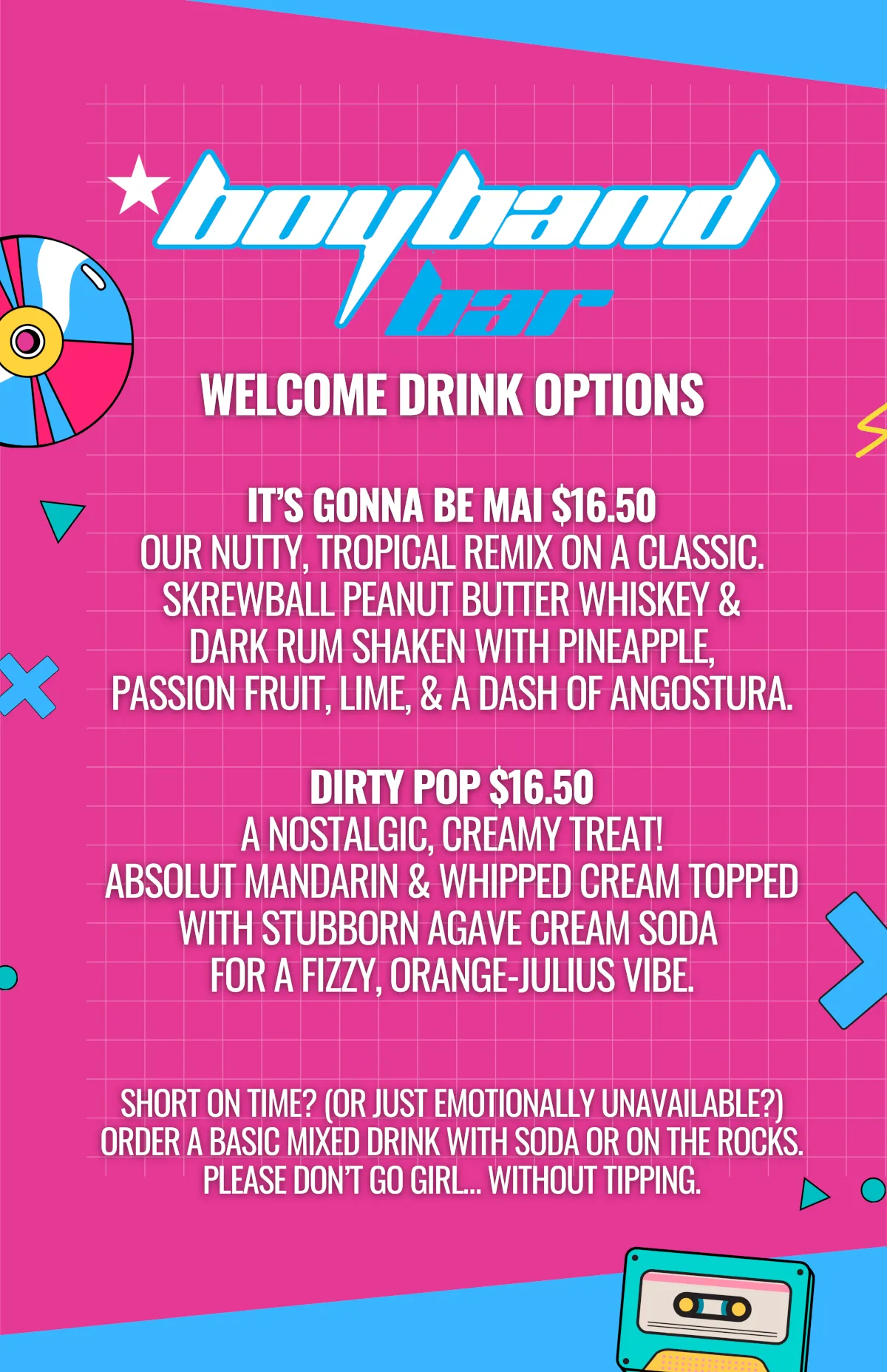 Boyband Bar Welcome Drinks