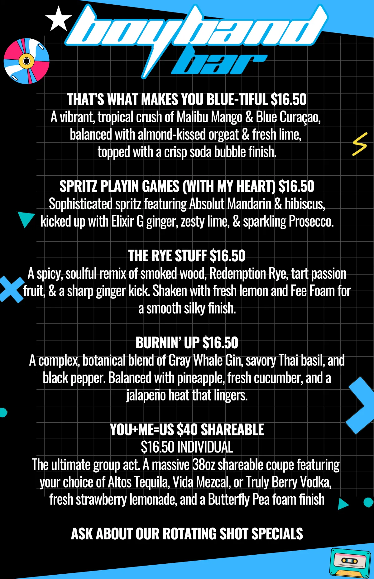 Boyband Bar Rotating Shot Specials